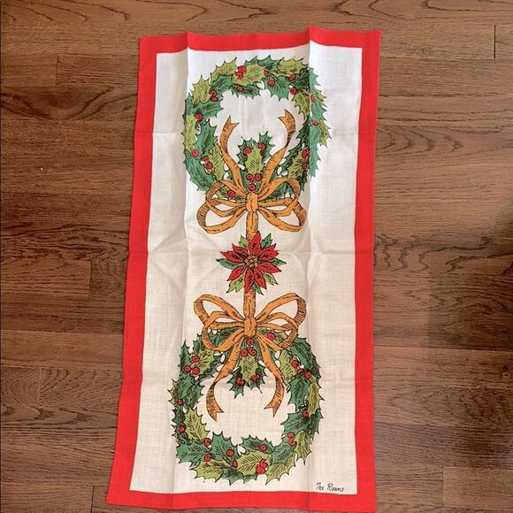 Vintage Christmas Falani & Cohn Linen Wreath & Poinsettia Linen Tea Towel - Picture 1 of 6